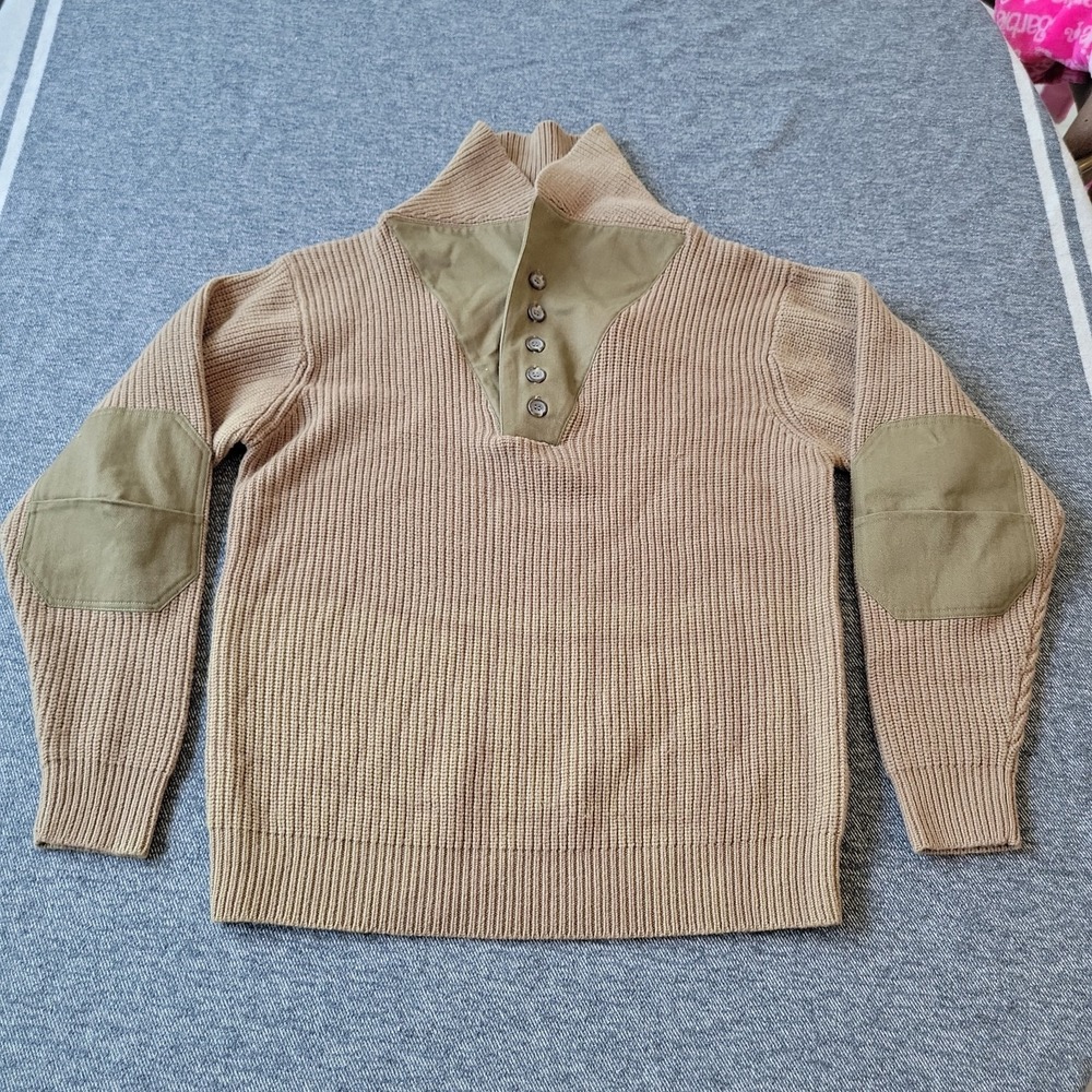 National Geographic Sweater Men's Medium Wool Brown Ribbed Shawl Collar Patches